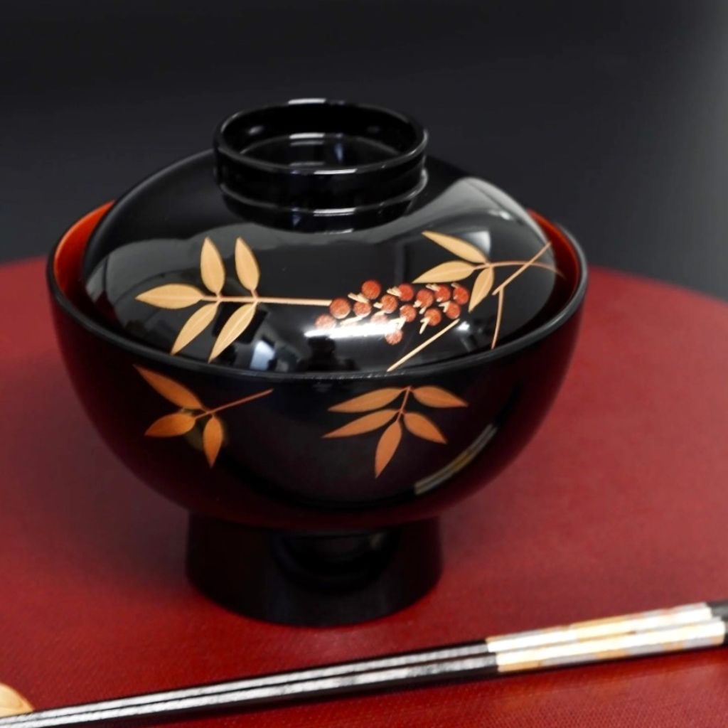 会津 黒雑煮椀 南天