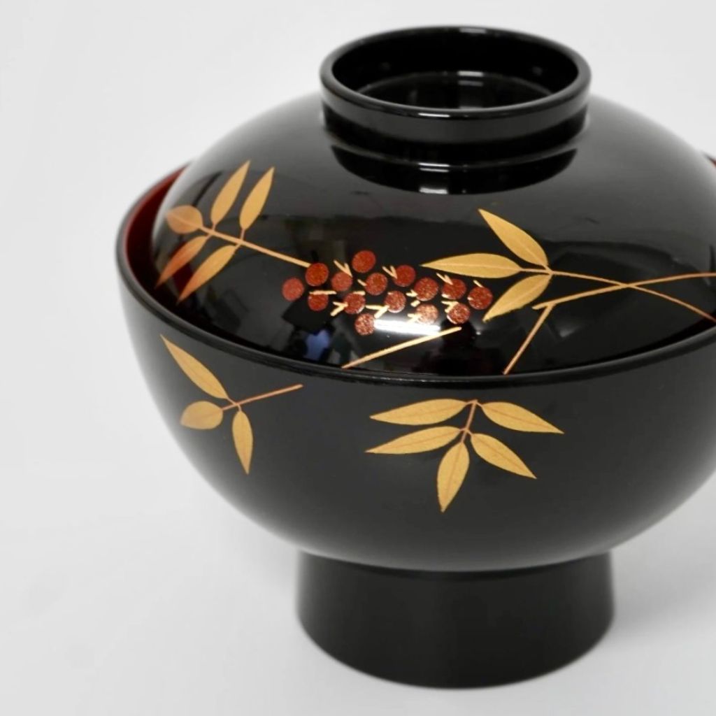 会津 黒雑煮椀 南天 – 漆器 高翆