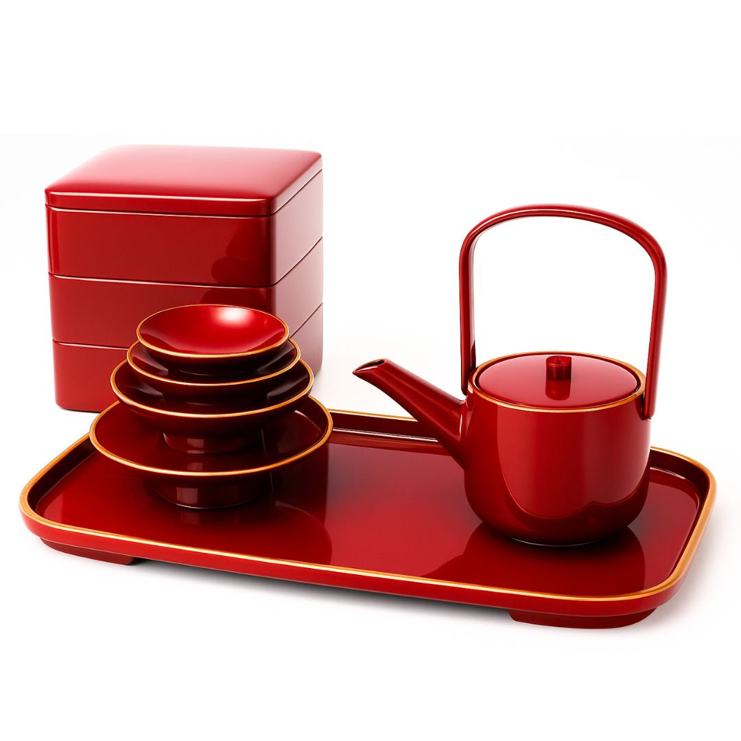 迎春漆器セット (5.0都三段重朱渕金・小判屠蘇器朱渕金)