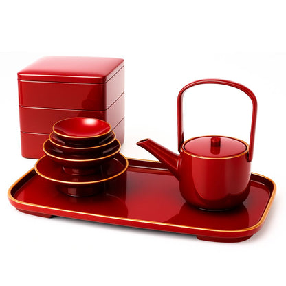 迎春漆器セット (5.0都三段重朱渕金・小判屠蘇器朱渕金)