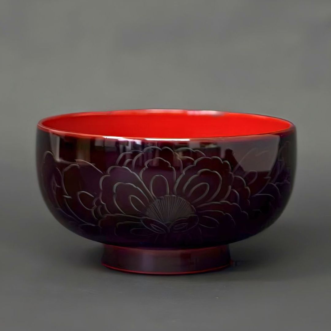 越前牡丹彫お好み椀 溜内朱 – 漆器 高翆