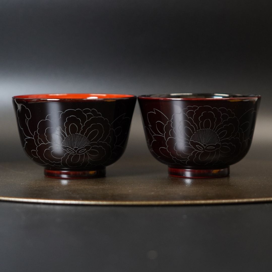 越前 牡丹彫夫婦椀