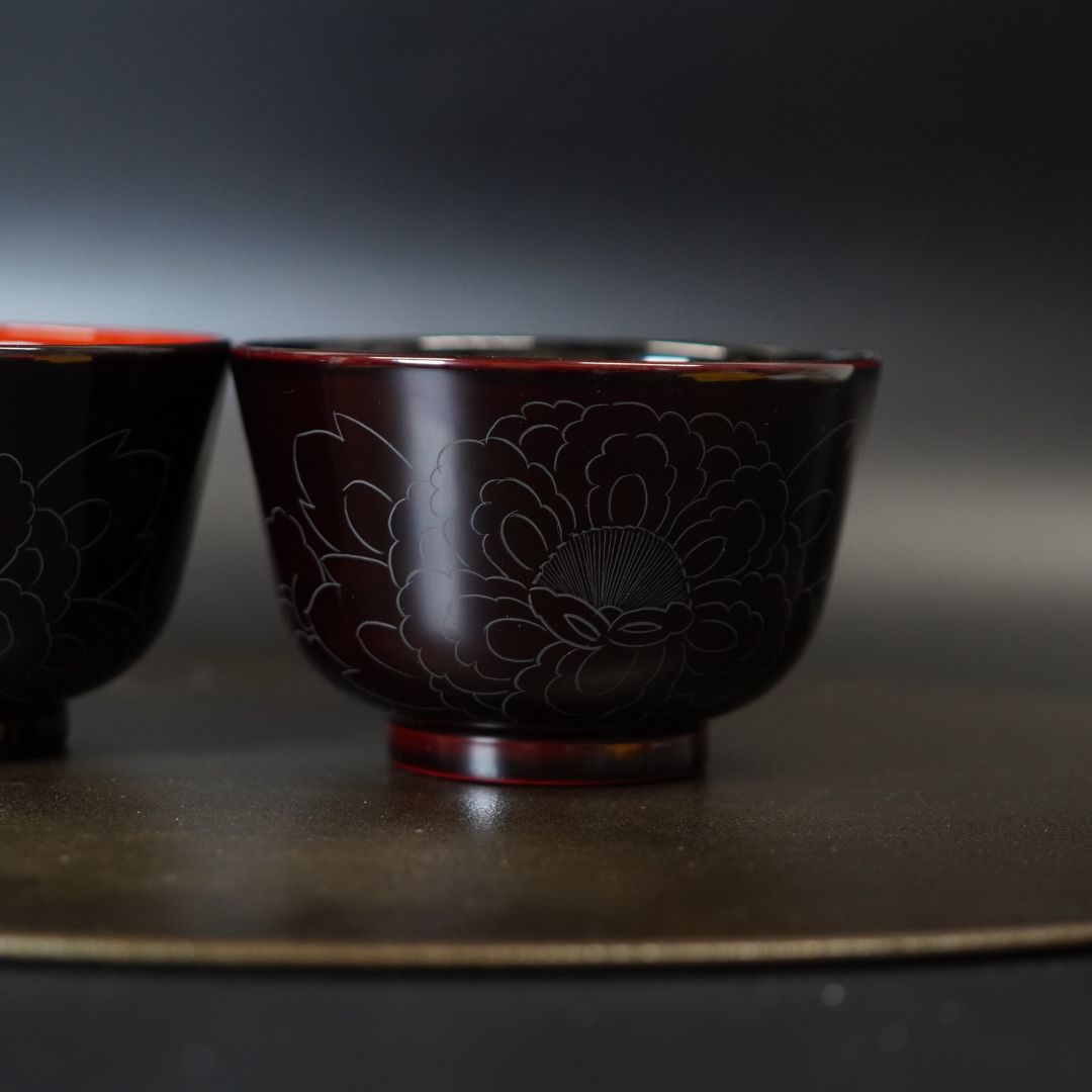 越前 牡丹彫夫婦椀