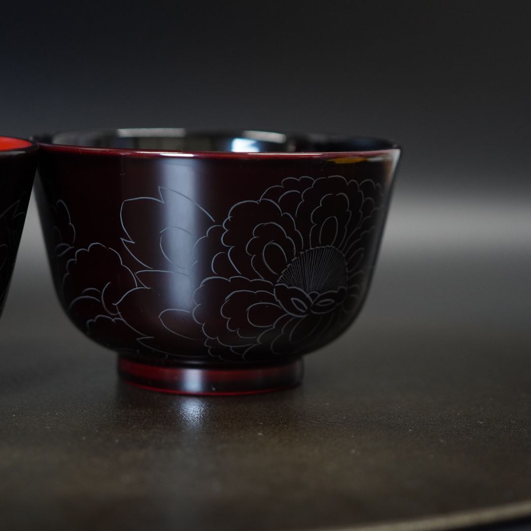 越前 牡丹彫夫婦椀