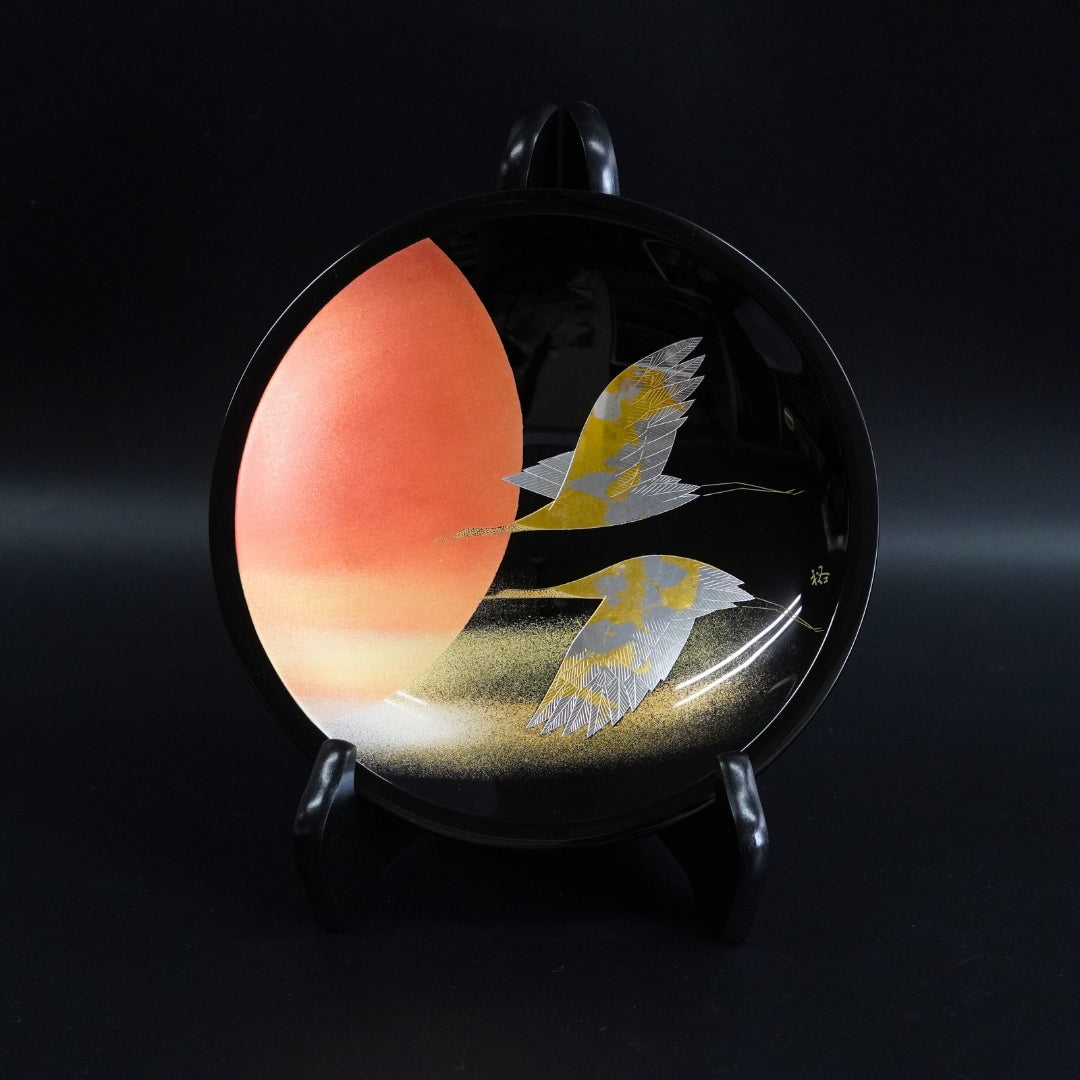 輪島 飾皿 7.0 日の出双鶴沈金