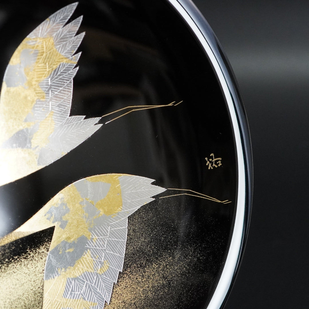 輪島 飾皿 7.0 日の出双鶴沈金