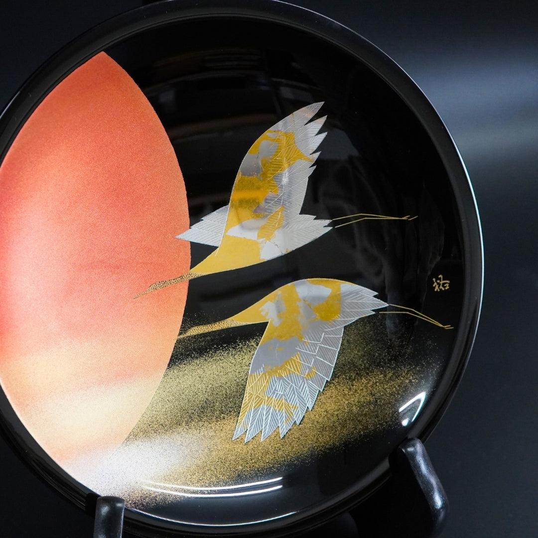 輪島 飾皿 7.0 日の出双鶴沈金