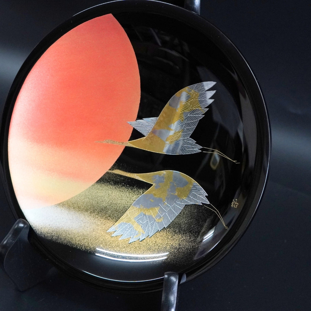 輪島 飾皿 7.0 日の出双鶴沈金